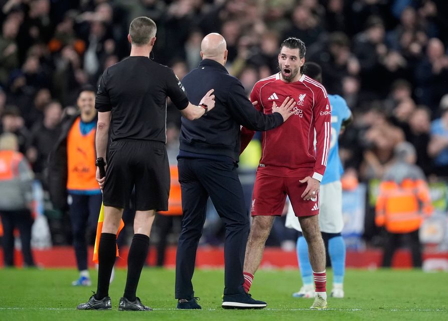 Liverpool's Dominik Szoboszlai reacts to the referee's decision during the match at Anfield. (Peter Byrne/PA Wire)